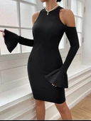 Kadın Uzun Kollu Bisiklet Yaka Omuz Açık Kol Ağzı Fırfır Detay Dalgıç Midi Boy Elbise - 2