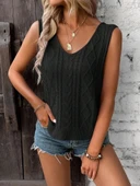 Kadın Askılı V Yaka örme Detay Triko Bluz - 4