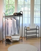 DEKORATİF 2’Lİ SET SİYAH METAL 2 RAFLI ELBİSE ASKILIĞI VE 3 RAFLI AYAKKABILIK 2 ÜRÜN BİR ARADA - 2