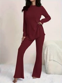 Kadın Uzun Kollu Yuvarlak Yaka Yandan Yırtmaç Detaylı şardonlu Kaşkorse Bluz Ve Pantolon Ikili Takım thumbnail 2