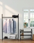 DEKORATİF 2’Lİ SET SİYAH METAL 2 RAFLI ELBİSE ASKILIĞI VE 3 RAFLI AYAKKABILIK 2 ÜRÜN BİR ARADA - 1