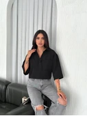 Crop Yakalı Gömlek Üç Çeyrek Sleeve Kol - Siyah - 2