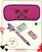 Kuromi Pembe Versatil Kalem, Silgi ve Kelebek Kabartmalı Kalem Çantası Seti (Üçlü Set) - 1