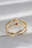 Pirinç Gold Renk Zirkon Taşlı Taç Model Kadın Yüzük - 1