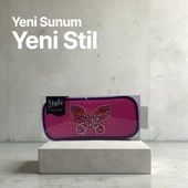 Style Kabartmalı Kelebek Desenli Pembe Kumaş Kalem Çantası - 5