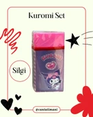Kuromi Pembe Versatil Kalem, Silgi ve Kelebek Kabartmalı Kalem Çantası Seti  (Üçlü Set) - 4