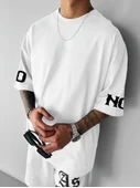 Baskılı Oversize Bisiklet Yaka T-shirt - Beyaz - 2