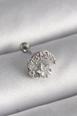 316L Çelik Gümüş Renk Zirkon Taşlı Ay Yıldız Tragus Piercing - 1