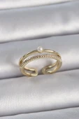 Pirinç Gold Renk Zirkon Taşlı İnci Detay Ayarlanabilir Model Kadın Yüzük - 1
