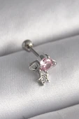 316L Çelik Gümüş Renk Pembe Zirkon Taşlı Sallantı Yıldız Detay Tragus Piercing - 1