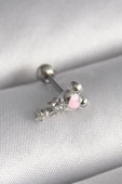 316L Çelik Gümüş Renk Zirkon Taş Detay Pembe Kalp İşleme Tragus Piercing - 1