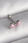 316L Çelik Gümüş Renk Pembe Kurdele Zirkon Taş Detay Tragus Piercing - 1