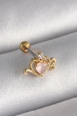 316L Çelik Gold Renk Pembe Mineli Kalp Zirkon Taş Detay Tragus Piercing - 1