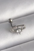 316L Çelik Gümüş Renk Zirkon Taşlı Toplu İğne Tragus Piercing - 1