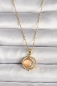 316L Çelik Gold Renk Zirkon Taşlı Turuncu Sedefli Hilal Model Kadın Kolye thumbnail 1