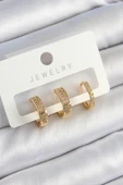 Pirinç Zirkon Taşlı Halka Model Gold Renk 3'lü Çift Kadın Küpe Set - 1
