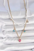 316L Çelik Gold Renk 2'Li İnci Zincir Model Pembe Taşlı Kalp Figür Nazar Boncuk Detay Kadın Kolye thumbnail 2