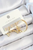 Pirinç Zirkon Taşlı Yıldız Ve Halka Model Gold Renk 3'lü Çift Kadın Küpe Set - 1