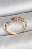 Pirinç Gold Renk Pembe Damla Zirkon Taşlı Ayarlanabilir Kadın Yüzük - 1