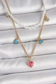 316L Çelik Gold Renk 2'Li İnci Zincir Model Pembe Taşlı Kalp Figür Nazar Boncuk Detay Kadın Kolye thumbnail 1