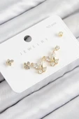 Pirinç Zirkon Taşlı Kelebek Model Gold Renk 925 Ayar Gümüş Çivi Kadın Küpe Set - 1