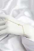 Pirinç Zirkon Taşlı Mavi Boncuklu Yonca Model Gold Renk Şahmeran - 1