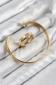 Pirinç Zirkon Taşlı Ayrık Model Gold Renk Bileklik Yüzük Set thumbnail 2