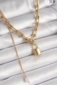 316L Çelik Gold Renk Tifany Zincir Model Kilit Figür Sallantı İnci Detay Kadın Kolye thumbnail 1