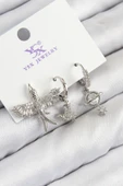Pirinç Zirkon Taşlı 3'lü Kuş Model Gümüş Renk Kadın Küpe - 1