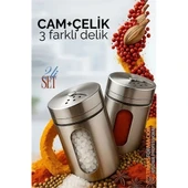 Cam+Çelik Tuzluk Biberlik Karabiberlik 3 Farklı Delikli 2 li SET - 1