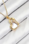 316L Çelik Zirkon Taşlı Kalp Model Gold Renk Kadın Kolye - 1