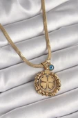 316L Çelik Gold Renk İtalyan Zincir Dorika Yonca Model Nazar Boncuk Detay Kadın Kolye thumbnail 1