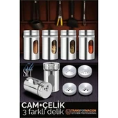 Cam+Çelik Tuzluk Biberlik Karabiberlik 3 Farklı Delikli 5 li SET - 2