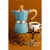 Italyan Moka Pot - 6061 Saf Alüminyum  Ahşap Saplı - 3 kişilik MAVİ - 2