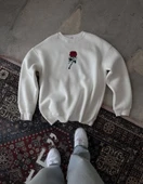 Unisex Bisiklet Yaka Ön Ve Arka Baskılı SweatShirt - Beyaz - 1