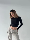 Sırt Dekoltelı Uzun Kollu Crop - Siyah - 1