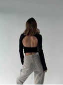 Sırt Dekoltelı Uzun Kollu Crop - Siyah - 3