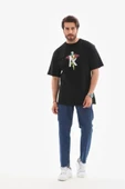 Unisex Bisiklet Yaka Baskılı Oversize T-Shirt - Siyah thumbnail 3