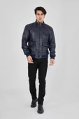 Erkek Fermuarlı İçten Elyaf Ve Astarlı Suni Deri Ceket - Lacivert - 1