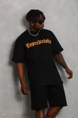 Unisex Oversize Baskılı Bisiklet Yaka T-Shirt - Siyah - 2