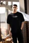 Unisex Bisiklet Yaka Baskılı Oversize T-Shirt - Siyah - 1