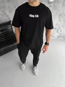Unisex Bisiklet Yaka Baskılı Oversize T-Shirt - Siyah thumbnail 1