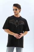 Unisex Oversize Taşlı Bisiklet Yaka T-Shirt - Siyah thumbnail 4