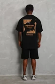 Unisex Oversize Baskılı Bisiklet Yaka T-Shirt - Siyah - 3