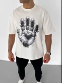 Unisex Bisiklet Yaka Baskılı Oversize T-Shirt - Beyaz thumbnail 2