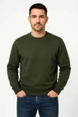 Erkek Üç İplik Düz Bisiklet Yaka SweatShirt - Haki - 4
