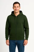 Erkek Üç İplik Kapüşonlu Tam Fermuarlı Kanguru Çepli SweatShirt Hoodie - Haki - 4