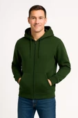 Erkek Üç İplik Kapüşonlu Tam Fermuarlı Kanguru Çepli SweatShirt Hoodie - Haki - 3