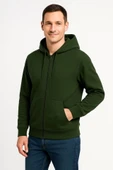 Erkek Üç İplik Kapüşonlu Tam Fermuarlı Kanguru Çepli SweatShirt Hoodie - Haki - 1