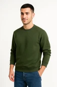 Erkek Üç İplik Düz Bisiklet Yaka SweatShirt - Haki - 1